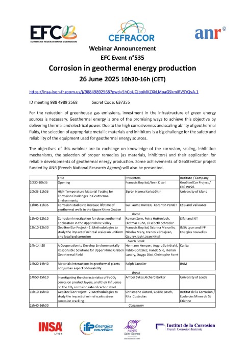 Final agenda and Zoom link 26 June 2025 webinar Corrosion Geothermal Energy GeoSteelCor Final agenda and Zoom link 26 June 2025 webinar Corrosion Geothermal Energy GeoSteelCor